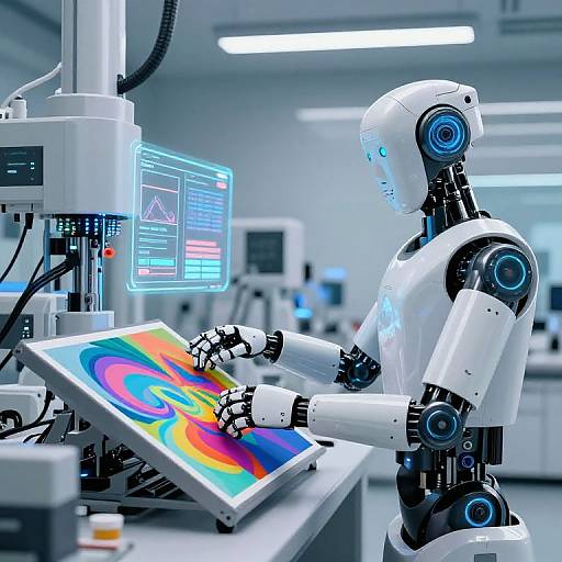 Photorealistic CGI of a white humanoid robot with blue accents, painting vibrant abstract artwork on a digital canvas in a modern, brightly lit laboratory.