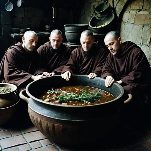 Medieval Monks Around Large Pot of Herbal Stew