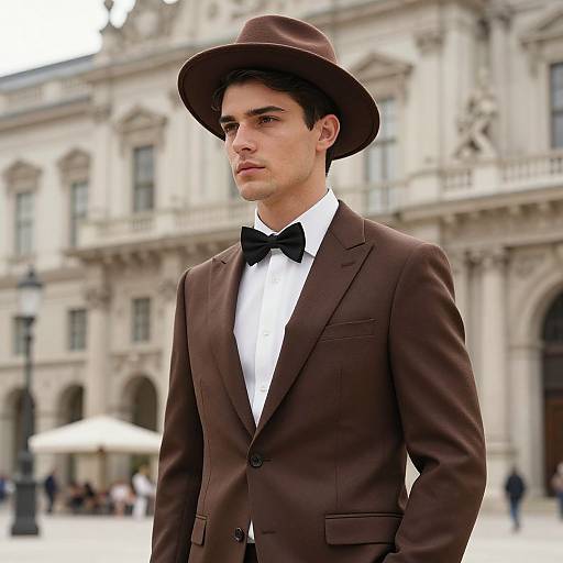 Photograph of a young, handsome man with fair skin, dark hair, wearing a brown suit, black bow tie, and brown hat, standing in
