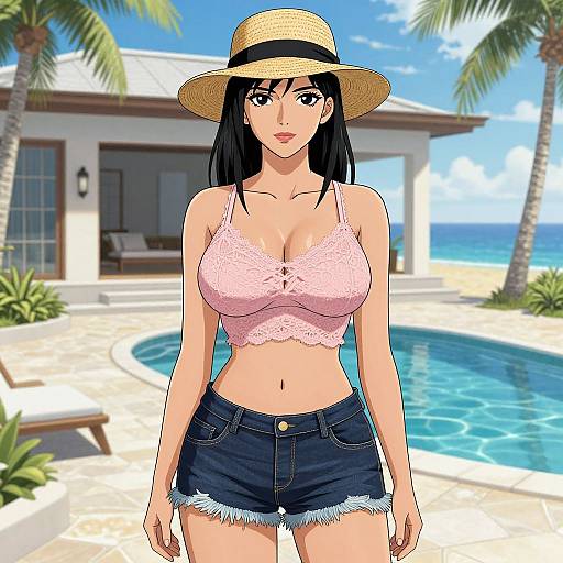 Anime-style drawing of a black-haired woman with large breasts, wearing a straw hat, pink lace top, and denim shorts, standing by a tropical pool