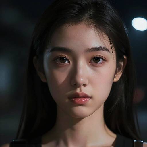 Photograph of a young Asian woman with long black hair, fair skin, and serious expression, illuminated by a single bright light source in a dark background