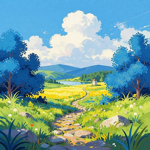 Vibrant Gouache Lakeside Meadow