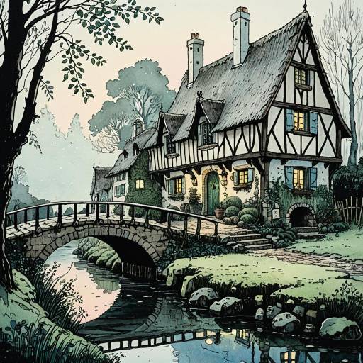Medieval European Cottage and Stone Bridge at Dusk