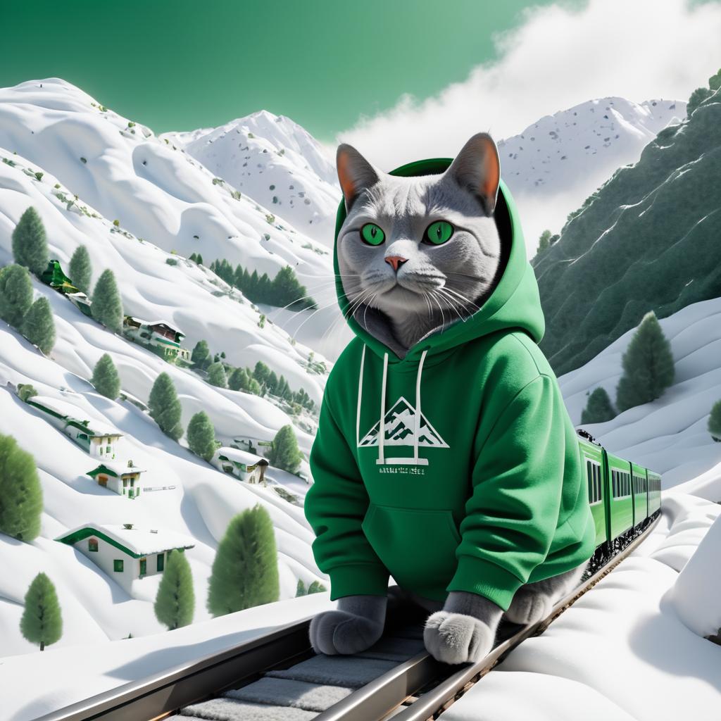 Cinematic Gray Cat on Snowy Train Adventure