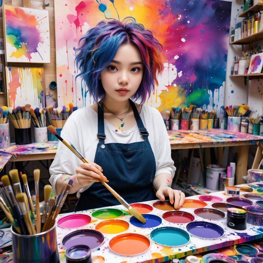 Introspective Artist in a Colorful Studio