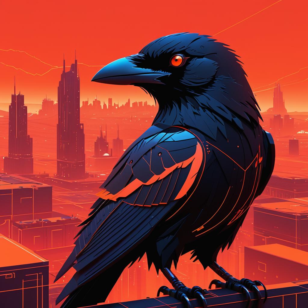 Obsidian Raven in Dystopian Cityscape