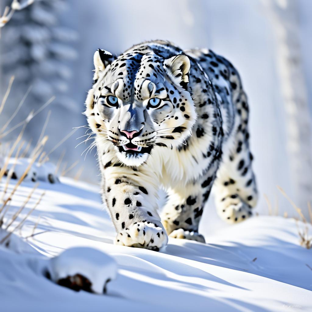 Snow Leopard Stalking with Intense Detail