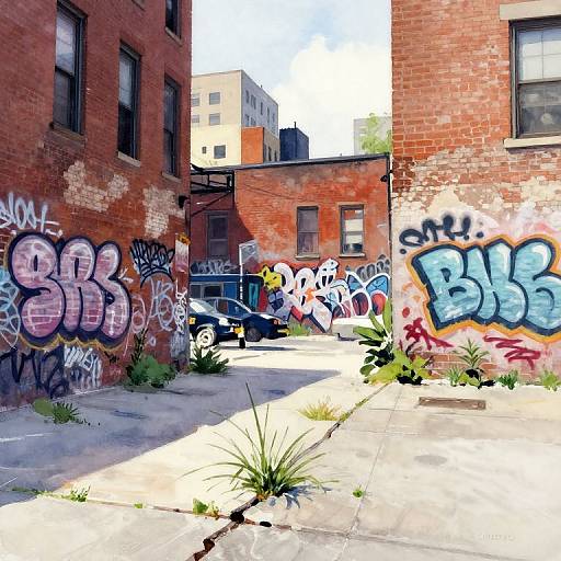 Urban Alley with Graffiti and Weeds