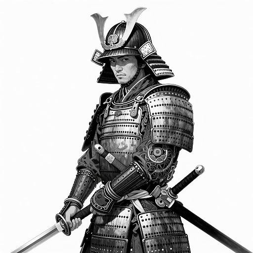Intricate Black and White Samurai Illustration
