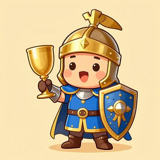 Chibi-style digital drawing of a cute, smiling child knight in blue armor, holding a golden chalice and shield with a golden emblem.