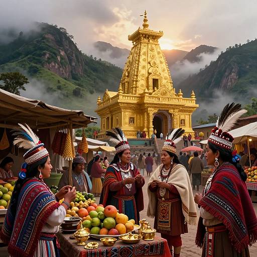 Photograph of indigenous people in colorful traditional attire, selling fruits and goods in front of a golden temple in a misty mountain village at sunset.
