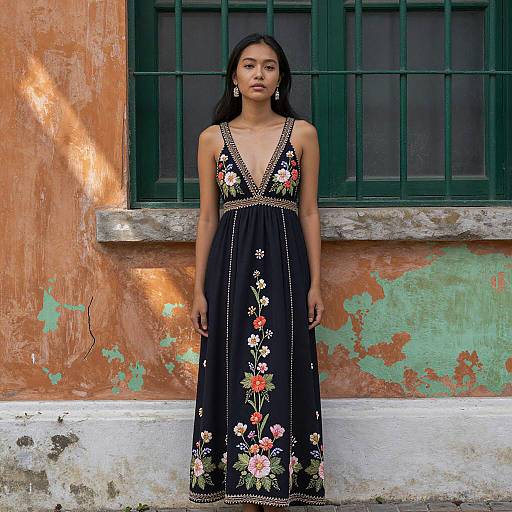 Asian Woman in Deep V-Neck Floral Dress
