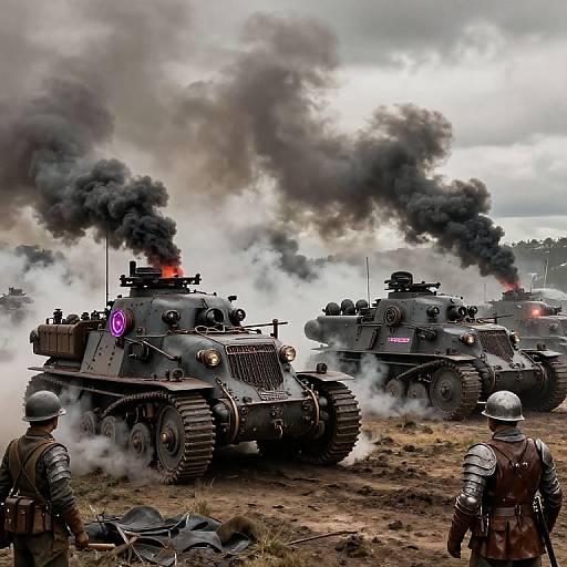 Photograph: WWII-style military scene with black tanks emitting thick smoke, soldiers in helmets observing, overcast sky, and dirt ground.