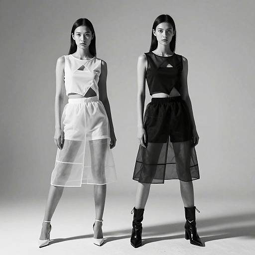 Black-and-white photograph of two women standing side-by-side, one in a white sheer dress, the other in a black mesh dress, both wearing ankle