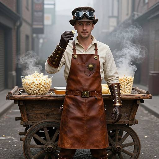 Steampunk vendor in brown leather apron and goggles, steaming popcorn cart, street alley background, misty atmosphere, holding popcorn. Photoreal