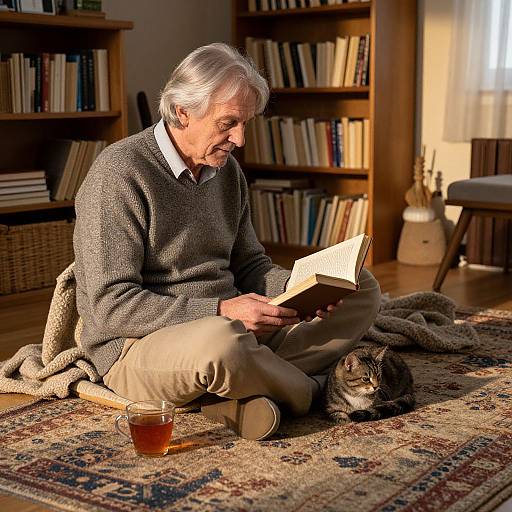 Elderly man with white hair, gray sweater, and beige pants, reads book while sitting on rug, cat beside him, glass of tea on