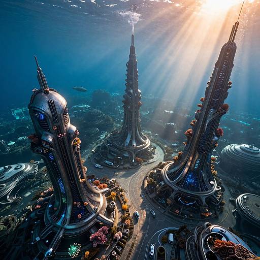 CGI futuristic cityscape with three towering, sleek, metallic skyscrapers adorned with colorful trees, bathed in sunlight rays, winding roads, and