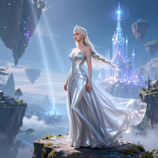 Digital art of an ethereal, silver-haired princess in a shimmering silver gown and crown, standing on a rocky cliff, with a glowing, floating