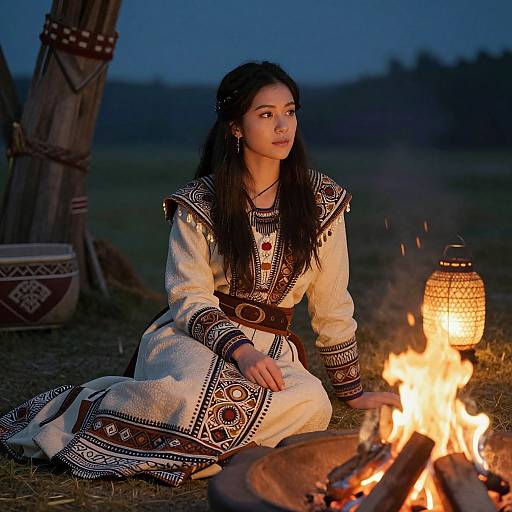 Photograph of an Asian woman with long black hair, wearing a detailed white and black traditional dress, sitting by a campfire at dusk.