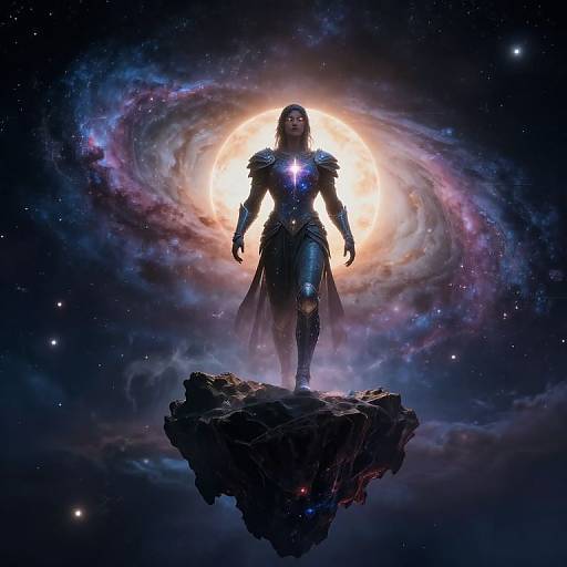 Digital artwork: Armored, glowing figure with blue cross emblem stands on rocky asteroid, illuminated by cosmic spiral galaxy backdrop.