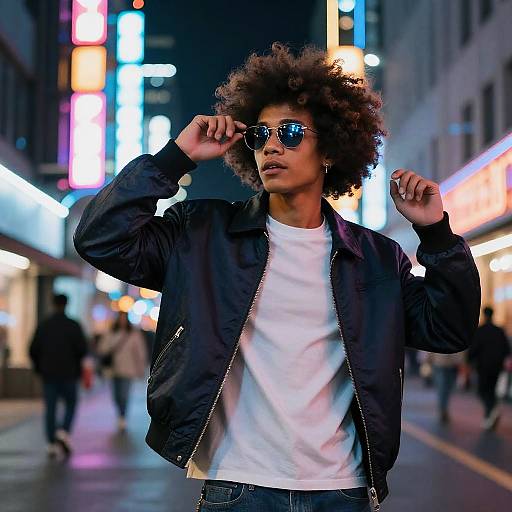 Photograph of a young Black man with curly hair, wearing a black jacket, white shirt, and mirrored sunglasses, walking in a neon-lit city
