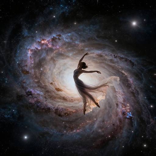 Digital art: Silhouetted dancer in flowing dress, arms gracefully raised, floating within a vibrant, swirling galaxy with a bright central light.