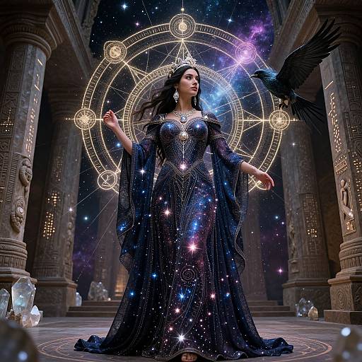 Digital art: Dark-haired woman in starry, celestial gown stands in ancient temple, surrounded by glowing magic circle, with black raven.