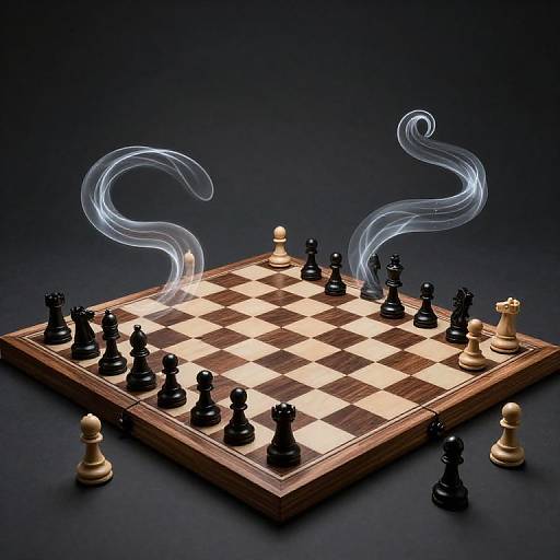 Photograph of a chessboard with black and white pieces, two swirling white smoke trails above, set against a dark background.