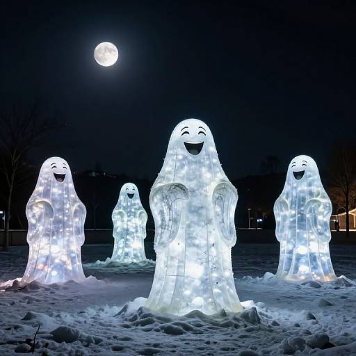 Photograph of glowing, white, ghost-shaped LED figures with smiling faces standing in a snowy night landscape under a full moon.