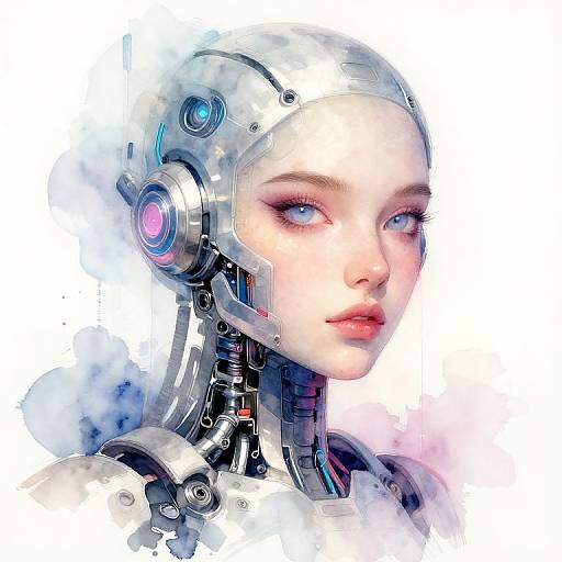 Digital art of a futuristic, pale-skinned woman with blue eyes and red lips, wearing a metallic cybernetic headpiece, blending human and machine