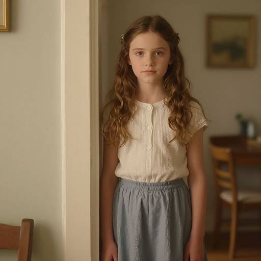 Photograph of a young girl with long, wavy brown hair, wearing a white button-up shirt and blue skirt, standing in a softly lit,