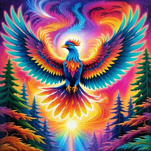 Majestic Phoenix Soaring Over Mystical Forest