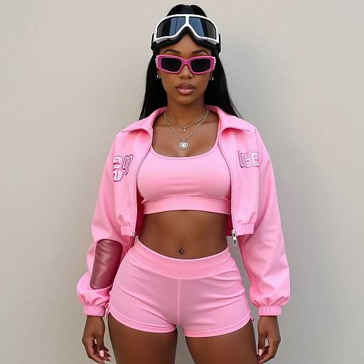 Photograph of a confident Black woman with long black hair, wearing pink sports bra, pink shorts, pink jacket, pink sunglasses, and goggles, standing