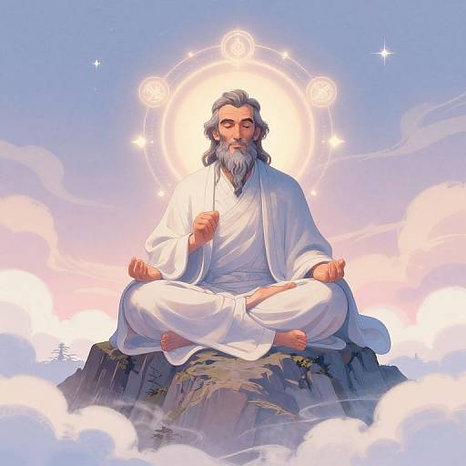 Digital illustration of an older, bearded man with gray hair, sitting cross-legged on a rock, wearing a white robe, holding a staff, surrounded