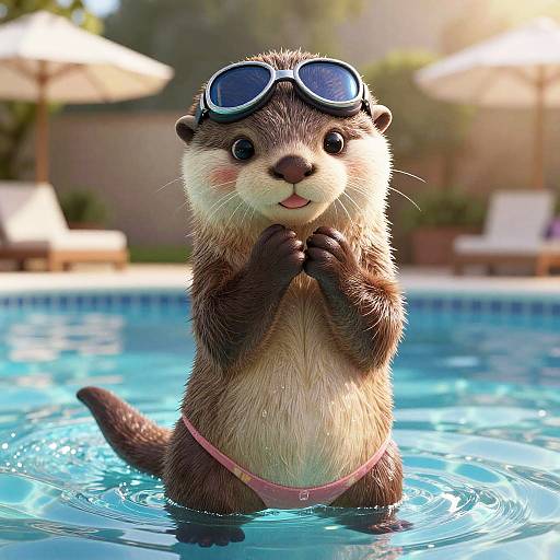 Cute CGI otter in pink swim trunks and blue goggles, standing in a sunny pool, with a blurred backyard in the background.