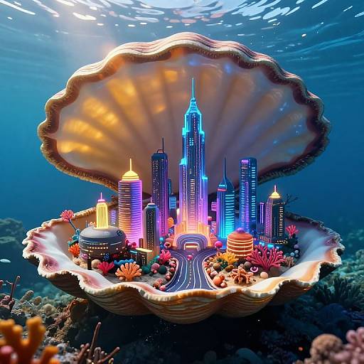 Photorealistic CGI: Vibrant underwater cityscape in a giant seashell, featuring neon-lit skyscrapers, coral reefs, and a