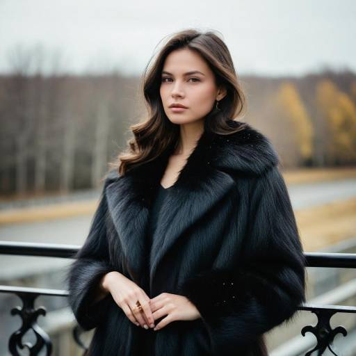 Elegant Woman in Black Fur Coat Outdoors