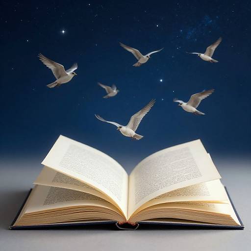 Photograph of an open glowing book with white doves flying upwards against a starry night sky, symbolizing wisdom and freedom.