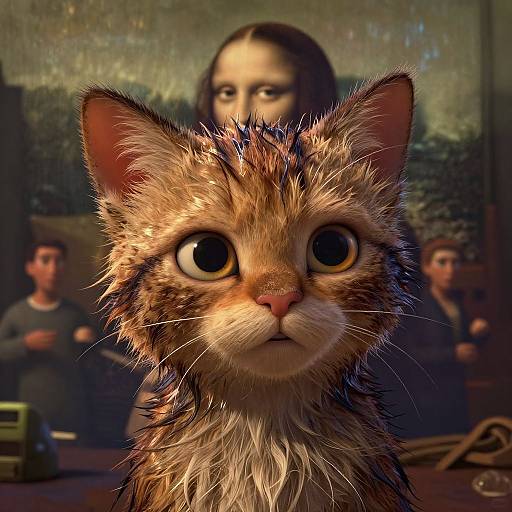 Photorealistic digital artwork of a wide-eyed, orange tabby kitten centered in front of a blurred, Renaissance-style painting with a woman's face and