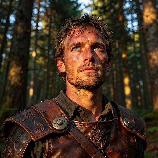 Photograph of a rugged, bearded man with messy brown hair, wearing medieval leather armor, gazing upward in a sunlit forest.