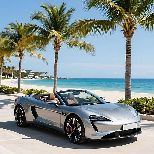 Silver Convertible Car by Beachfront with Palm Trees