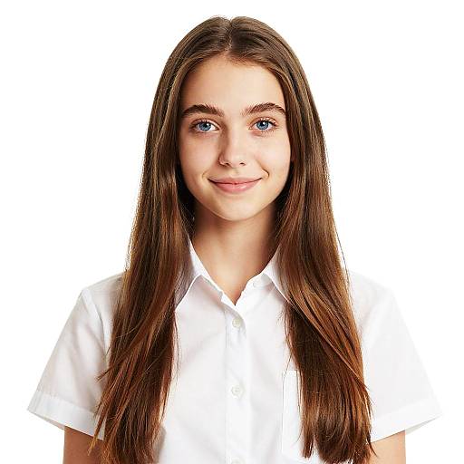 Photograph of a young Caucasian woman with long brown hair, blue eyes, and a slight smile, wearing a white short-sleeved shirt, against