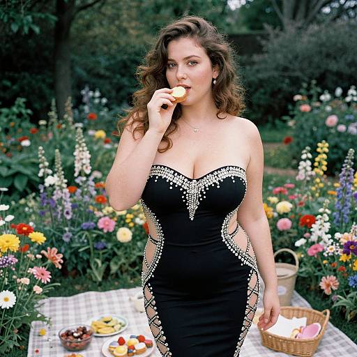 Photograph of a curvy woman with wavy brown hair, wearing a strapless black dress with white beading, eating a cookie in a colorful