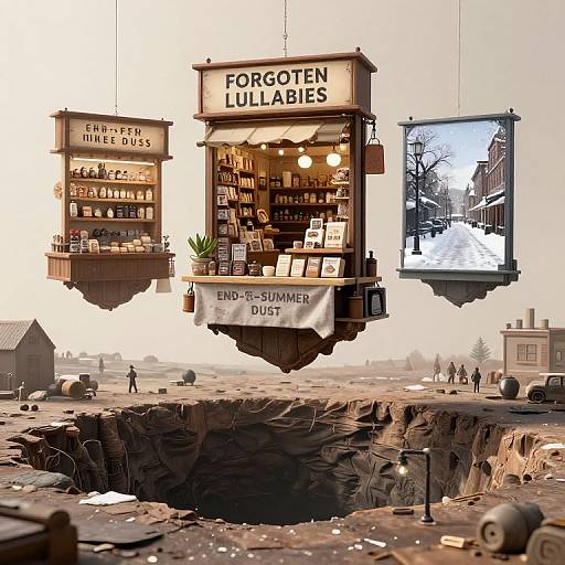 Photorealistic CGI: Three floating, vintage-style shops over a war-torn, snowy landscape. Shelves stocked with goods, 