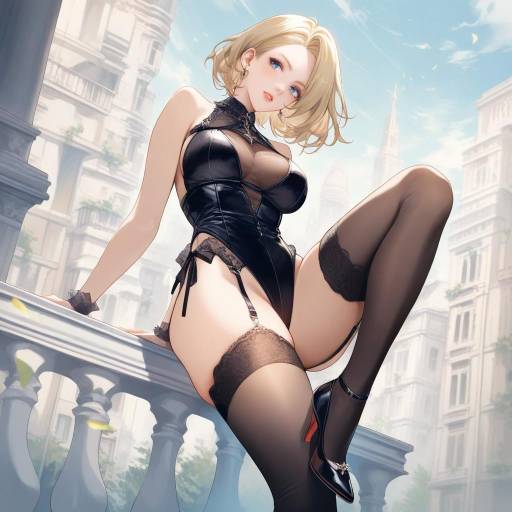 Blonde Woman in Black Lingerie on Paris Balcony