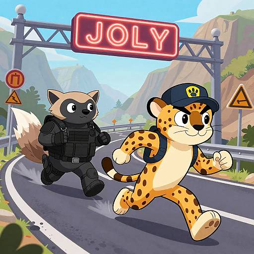 Digital cartoon of a raccoon in black tactical gear and a cheetah in a police hat running on a mountain road with a neon 