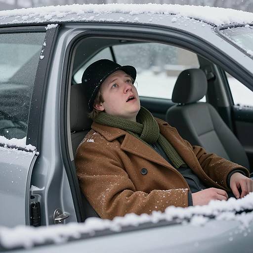 Man Sitting in Snow-Covered Car in Winter
