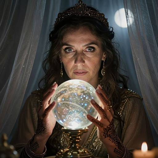 Photograph of a woman with dark hair and piercing eyes, wearing a tiara and intricate jewelry, holding a glowing, crystal orb in a dimly