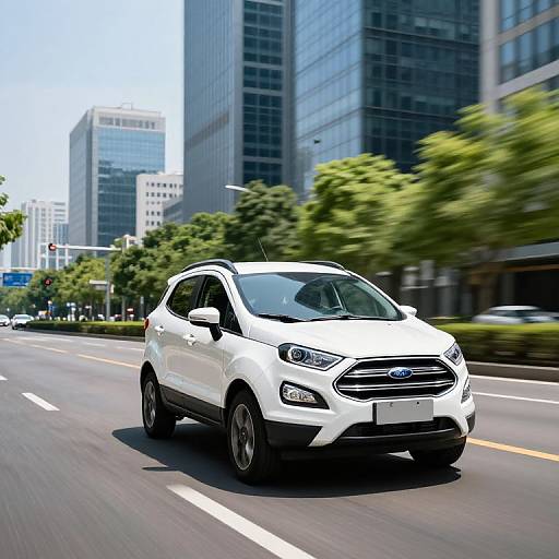 Photograph of a white Ford Escape SUV driving on a city street with tall glass buildings and green trees in the background on a sunny day.