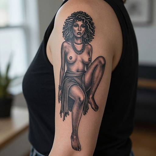 Photograph of a tattoo on a person's upper arm: black ink, detailed, topless woman with curly hair, necklace, and fringed skirt